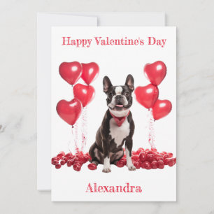 Custom Boston Terrier Red Hearts Collar Valentine Holiday Card
