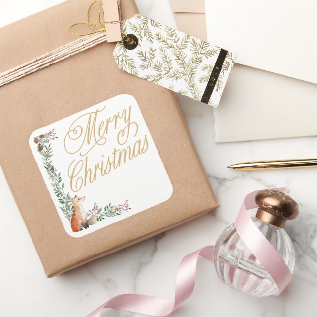 custom botanical fox watercolor merry christmas square sticker (Gifting)