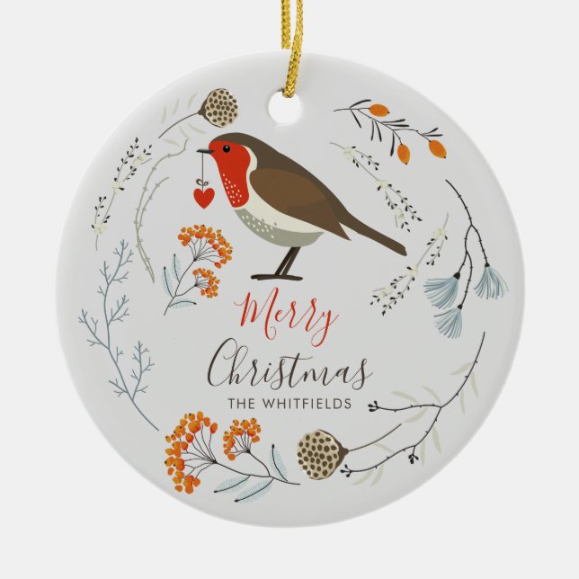 Custom Botanical Robin Bird Botanical Christmas Ceramic Tree Decoration (Front)