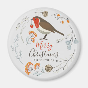 Custom Botanical Robin Bird Botanical Christmas Magnet
