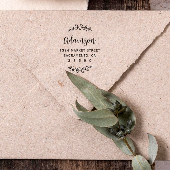 Custom Botanical Script Family Name Return Address Rubber Stamp (Creator Uploaded)