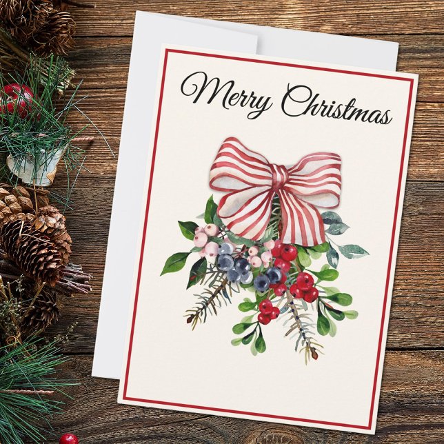 Custom, Bow Berries & Foliage Flat Christmas Card (Creator Uploaded)