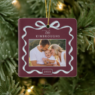 Custom Bow Double Sided 2 Photo Family Christmas Ceramic Ornament