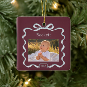 Custom Bow Double Sided 2 Photo Kids Christmas Ceramic Ornament