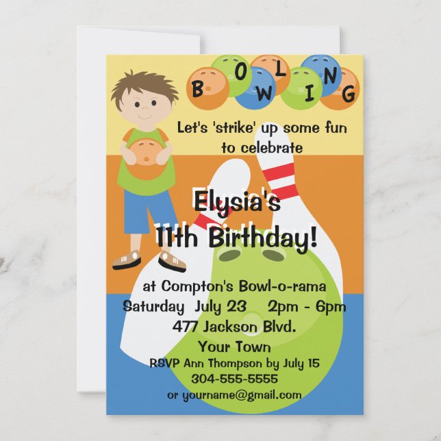 Custom Bowling Birthday Party Invitation (Front)