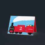 Custom boy 2nd birthday train card<br><div class="desc">A custom 2nd birthday train card. The design shows a bright red train full of gifts. The locomotive has custom text for the name of the boy, their age and the place where the child lives. The perfect card for a railway loving parent to give their son or for a...</div>