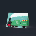 Custom boy 5th birthday train card<br><div class="desc">A custom 5th birthday train card. The design shows a green train full of gifts. The locomotive has custom text for the name of the boy, their age and the place where the child lives. The perfect card for a railway loving parent to give their son or for a grandparent...</div>