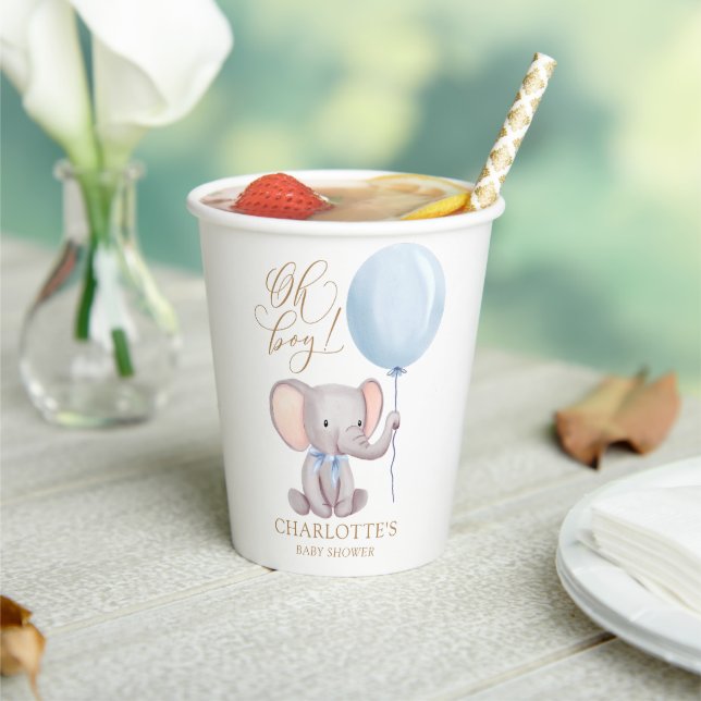 Custom Boy Blue Balloon Cute Elephant Baby Shower Paper Cups (Insitu)