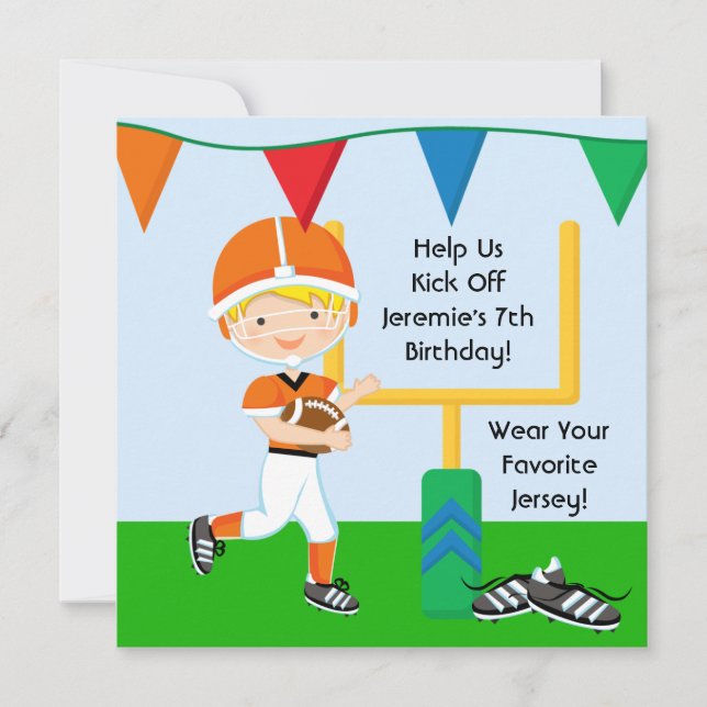 Custom Boy in Orange Football Birthday Invitation (Front)