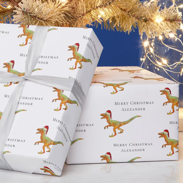Custom Boy Name Christmas Dinosaur Velociraptor  Wrapping Paper (Personalized boy name merry Christmas dinosaur velociraptor Santa white modern gift wrapping paper)