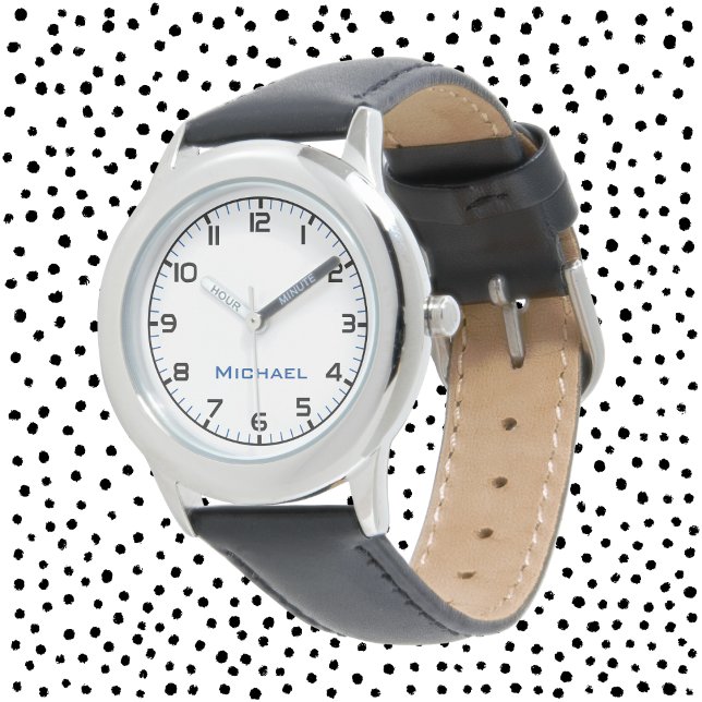 Custom Boy Name Steel Black Leather Strap Kids Watch (Creator Uploaded)