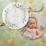 Custom Boy Or Girl Baptism Photo Greenery Gold Ceramic Tree Decoration<br><div class="desc">Featuring delicate watercolor leaves and an elegant gold crucifix,  this chic boy or girl baptism or christening keepsake ornament can be personalized with your special photo and event information. Designed by Thisisnotme©</div>
