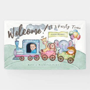 Custom boy  Photo birthday train watercolor Banner