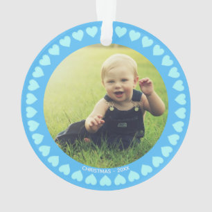 Custom Boy Photo & Hearts on Light Blue Ornament