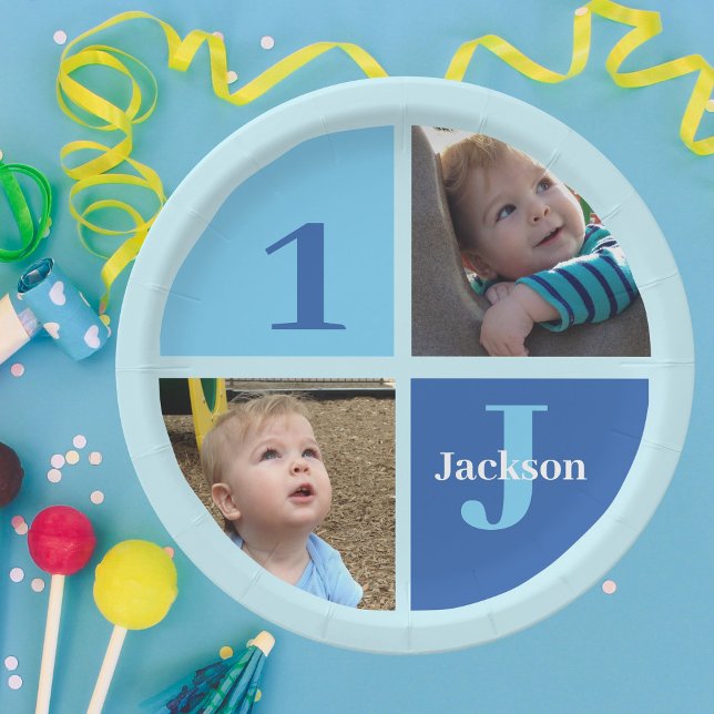 Custom Boys 1st Birthday Photo Blue Birthday Party Paper Plate (Creator Uploaded)