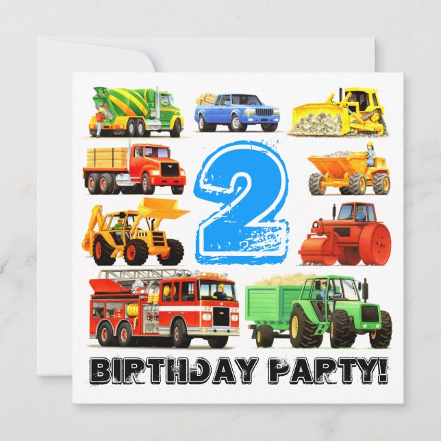Custom Boy's 2nd Birthday Construction Truck Party Invitation (Front)