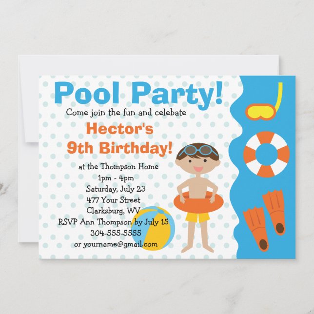 Custom Boy's Birthday Pool Party Invitation (Front)