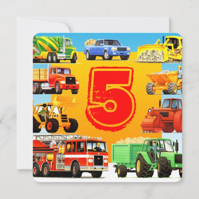 Custom Boy's Construction Truck 5th Birthday Party Invitation (Front)