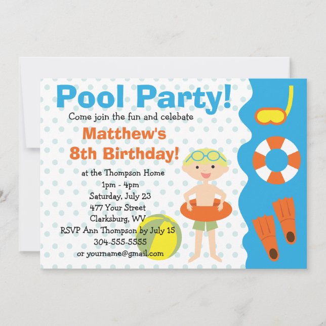 Custom Boy's Pool Party Birthday Invitation (Front)