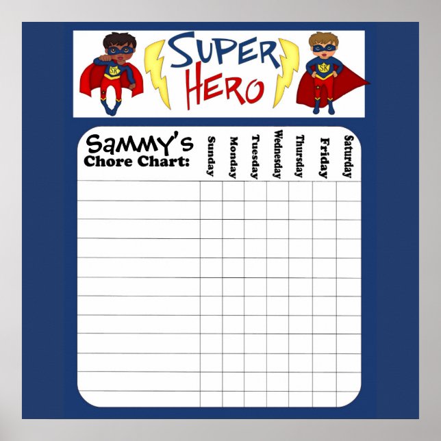 Custom Boys Superhero Chore Chart Poster (Front)
