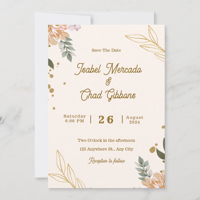 Custom Branded Beige And Gold Floral Wedding  Invitation (Front)