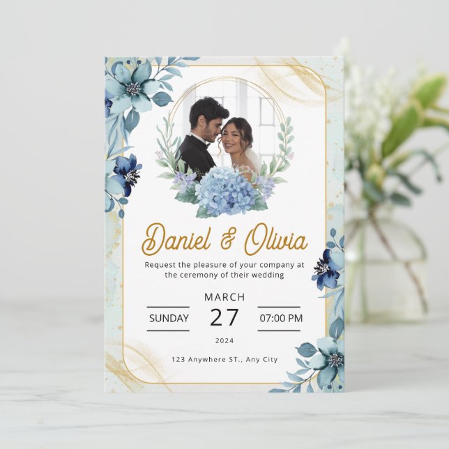 Custom Branded Blue and White Floral Wedding  Invitation (Standing Front)