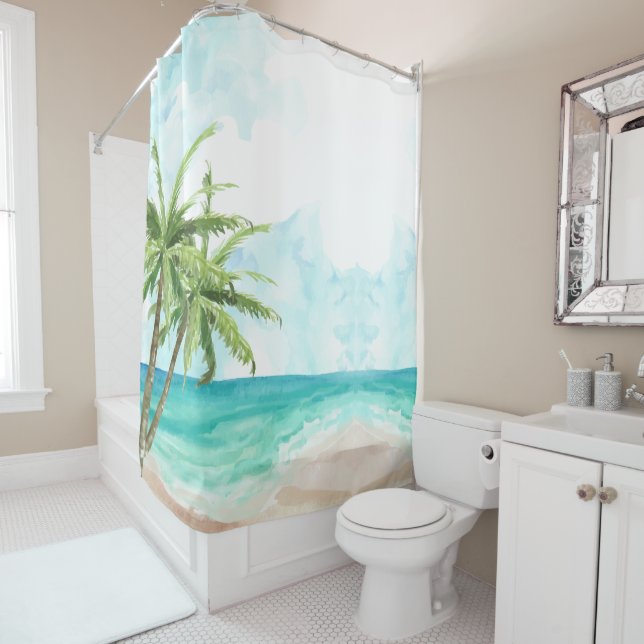 Custom Branded Blue Beach Ocean Shower Curtains (In Situ)