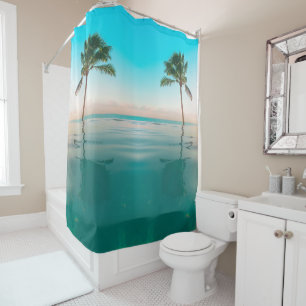 Custom Branded Blue Green Beach Ocean Coconut Tree Shower Curtain