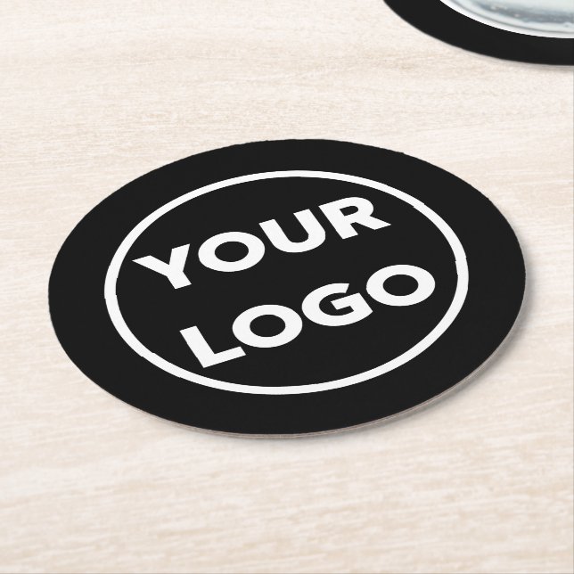 Custom Branded Business Company Logo on Black Round Paper Coaster (Angled)