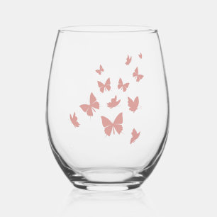 Custom Branded Cute Pink Flying Butterflies Stemless Wine Glass