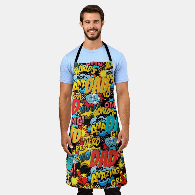 Custom Branded DAD Gift - Comic Superhero Fun Name Apron (Worn)