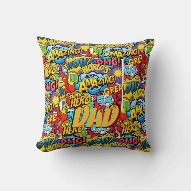 Custom Branded DAD Gift - Comic Superhero Fun Name Cushion (Front)