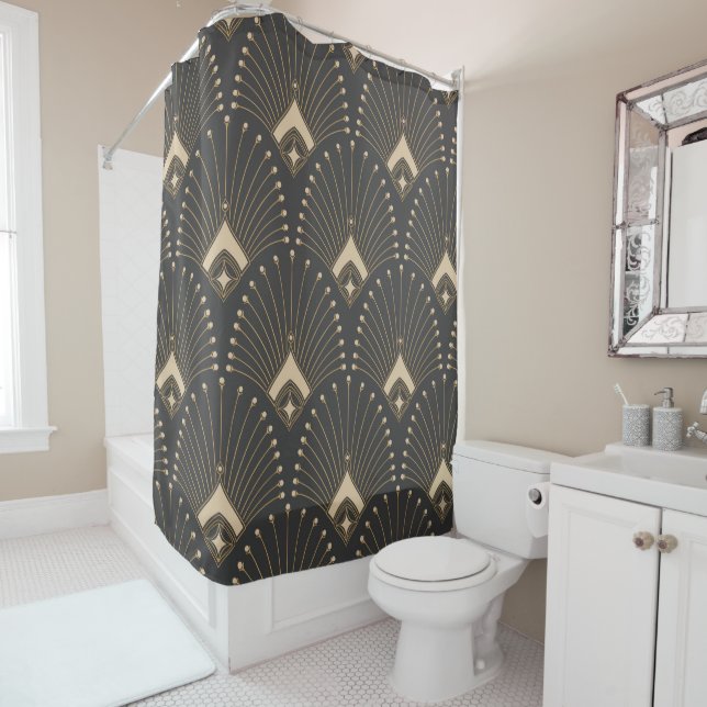 Custom Branded Elegant Black & Gold Patterns  Shower Curtain (In Situ)