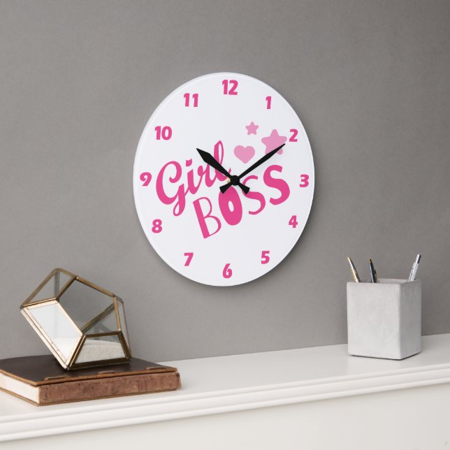 Custom Branded Girl Boss Typography Pink Hearts Large Clock (Office)