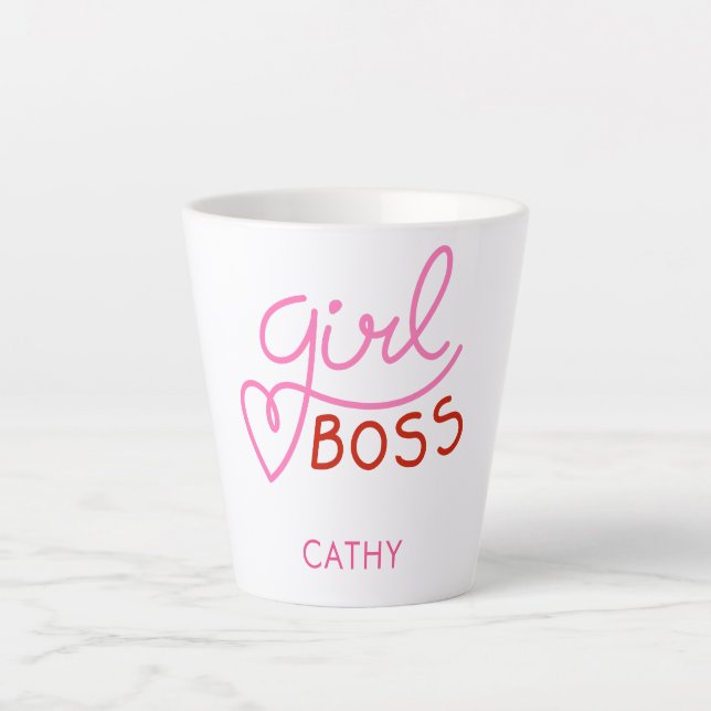 Custom Branded Girl Boss Typography Pink Red Heart Latte Mug (Front)