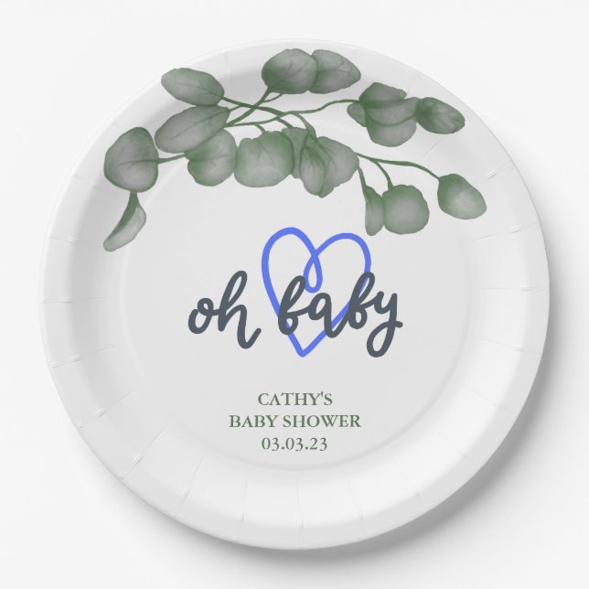 Custom Branded Greenery Oh Baby | Baby Shower  Paper Plate (Front)