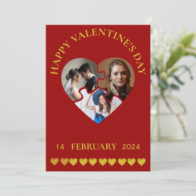 Custom Branded Happy Valentine's Day Three Photos  Holiday Card (Standing Front)