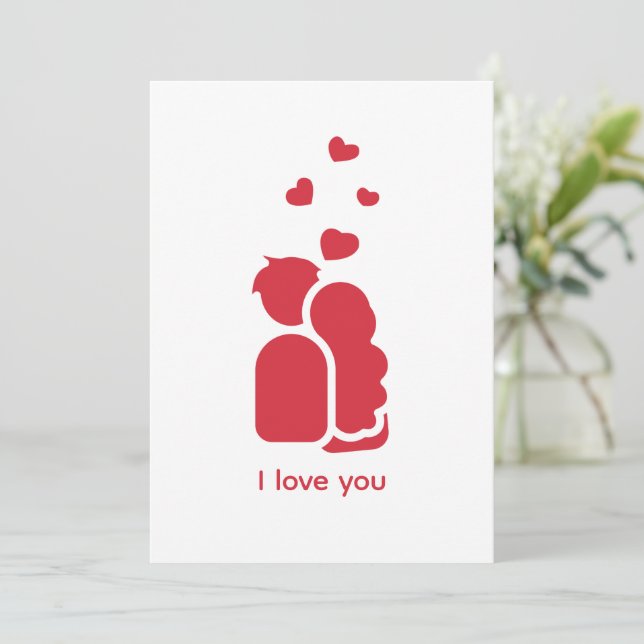 Custom Branded Red White Simple Couple and Heart  Holiday Card (Standing Front)