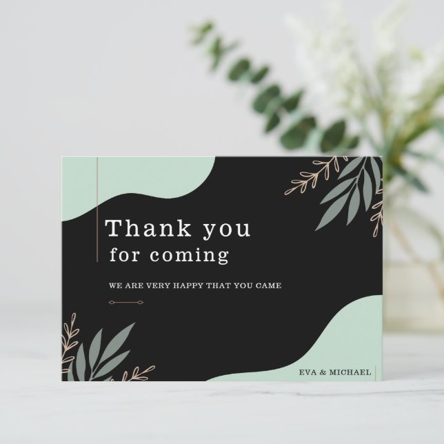 Custom Branded Simple Modern Wedding Black Thank You Card (Standing Front)