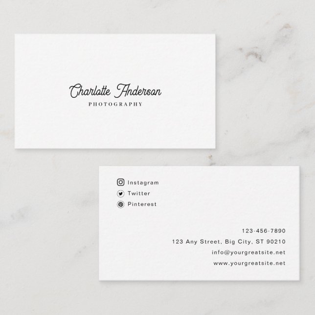 Custom Branded Simple White & Black Photography  Business Card (Front/Back)