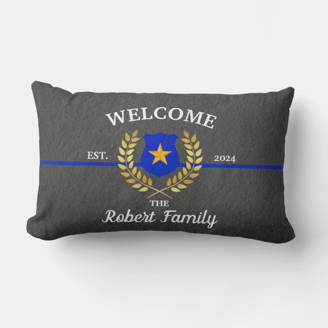 Custom Branded Thin Blue Line Police Badge Welcome Lumbar Cushion (Front)