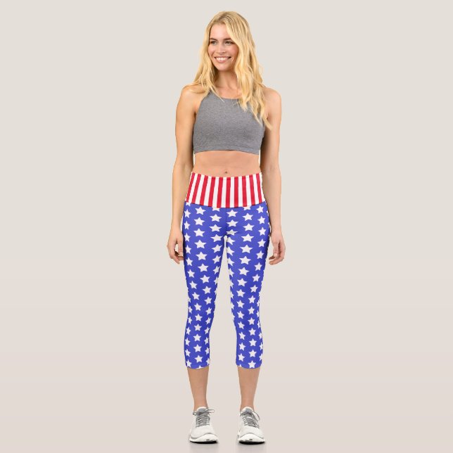 Custom Branded  USA Stars and Stripes High Waisted Capri Leggings (Front)