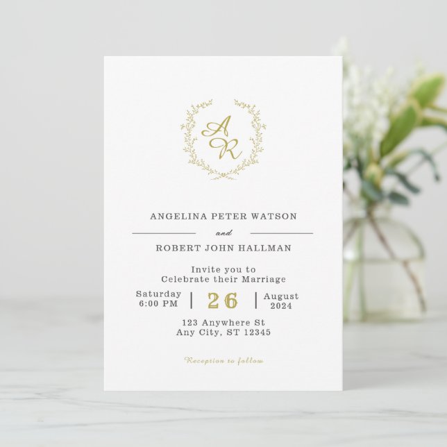 Custom Branded White and Gold Elegant Wedding  Invitation (Standing Front)