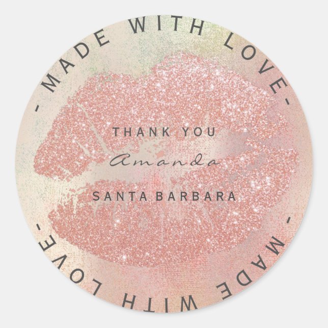 Custom Branding Thanks Kiss Rose Gold Lips WWW Classic Round Sticker (Front)