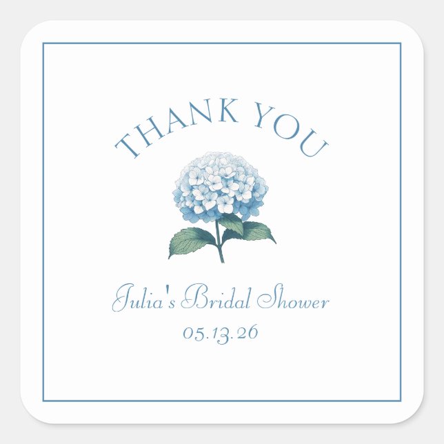 Custom Bridal Shower Blue Hydrangea Thank You Square Sticker (Front)