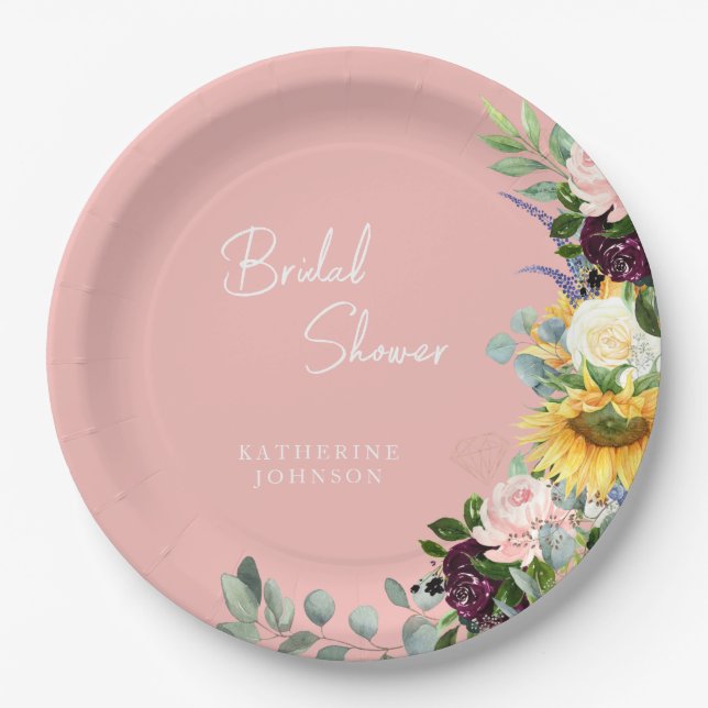 Custom Bridal Shower Blush Floral Sunflower  Paper Plate (Front)