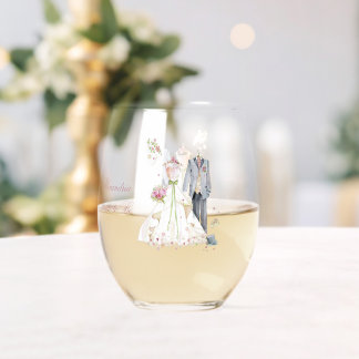 Custom Bridal Shower Bride & Groom Cream dress  Stemless Wine Glass