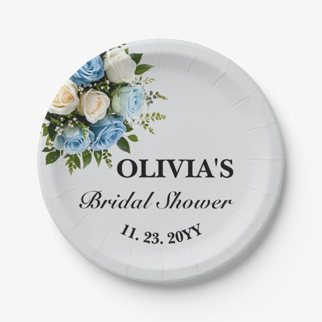 Custom Bridal Shower Elegant Blue and White Floral Paper Plate (Front)