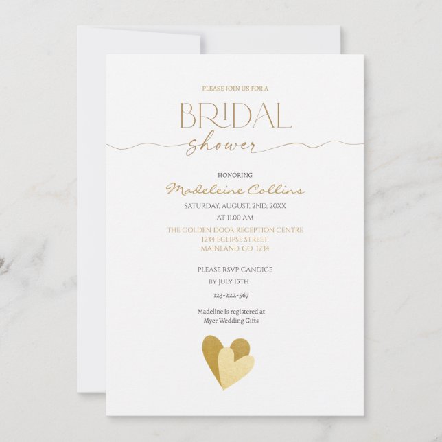 Custom Bridal Shower Gold Hearts Invitation (Front)
