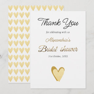 Custom Bridal Shower Gold hearts Thank you Card